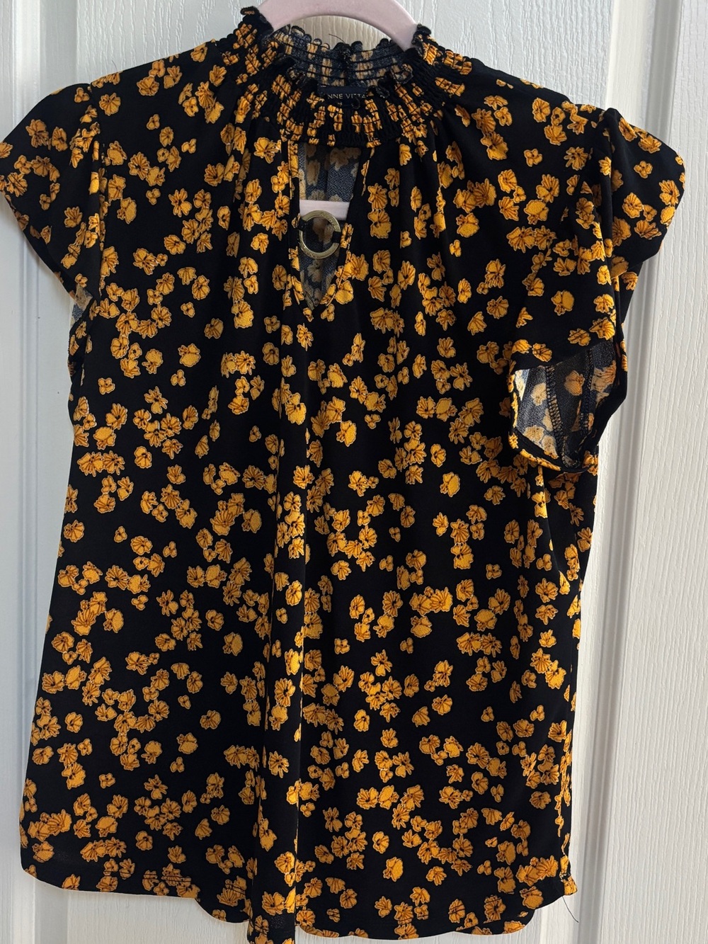 Black & Mustard Floral Keyhole Mock-Neck Women's Top